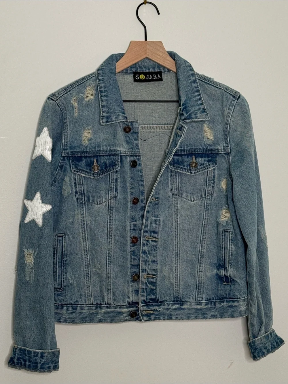 Distressed Rolling Stones Inspired+Stars Sequin Sleeve Denim Jacket by Sojara - Picture 7 of 8